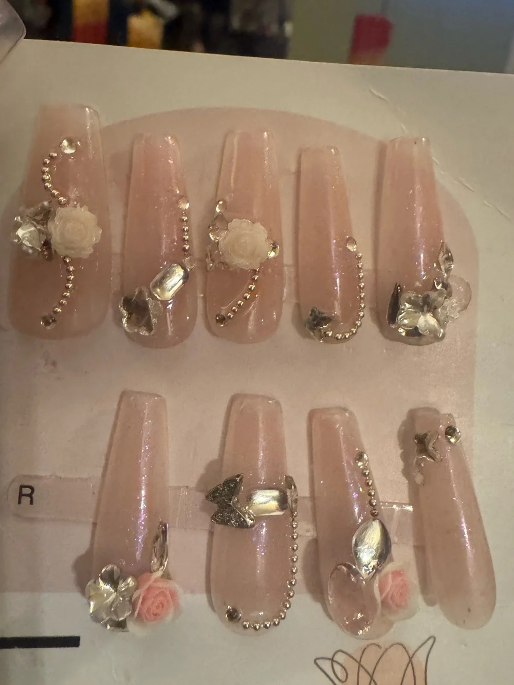 Press-On Nails Set - Blush Pink Floral Rhinestone Accented (Long Coffin) - Picture 3 of 4